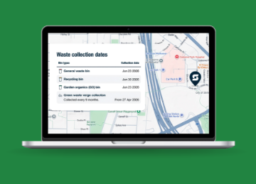 Image of a laptop screen displaying the bin collection date and map